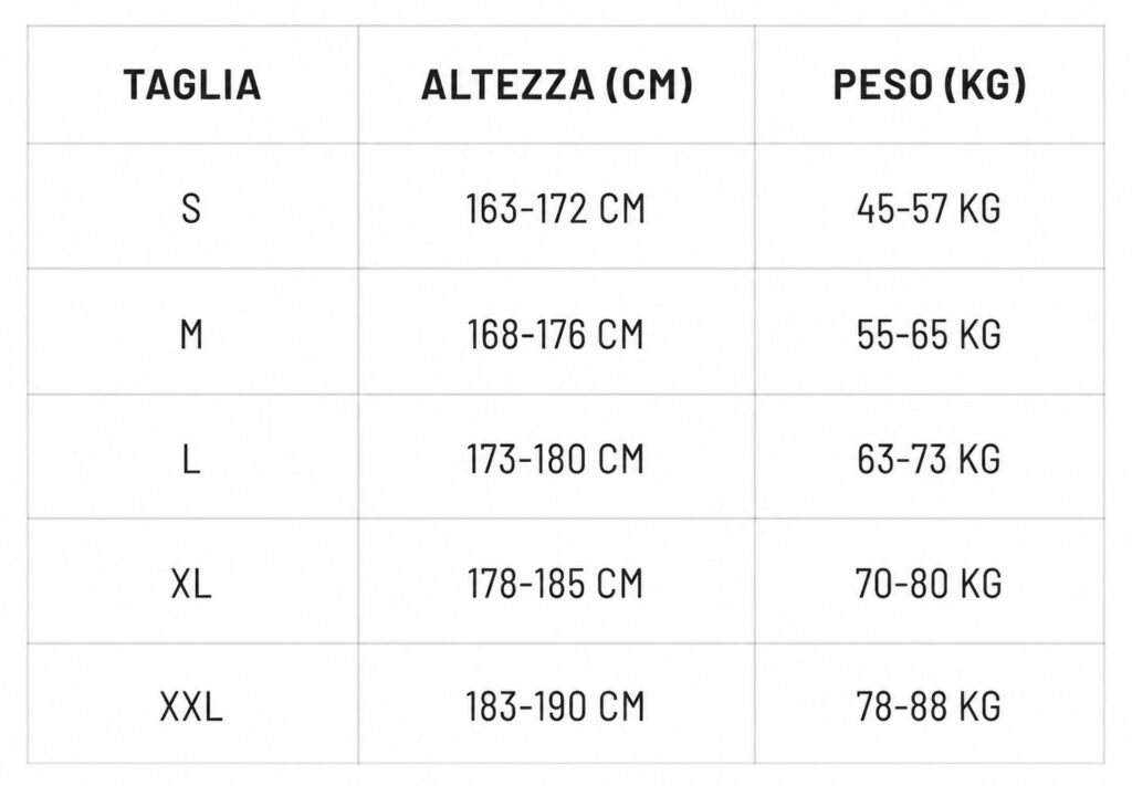 Tabella delle taglie con altezza e peso per S, M, L, XL, XXL per guida abbigliamento.