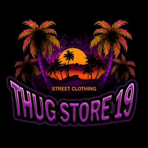 Logo Thug Store 19 con palme al tramonto e scritta "Street Clothing" in stile urban, colori vivaci e tropicali.